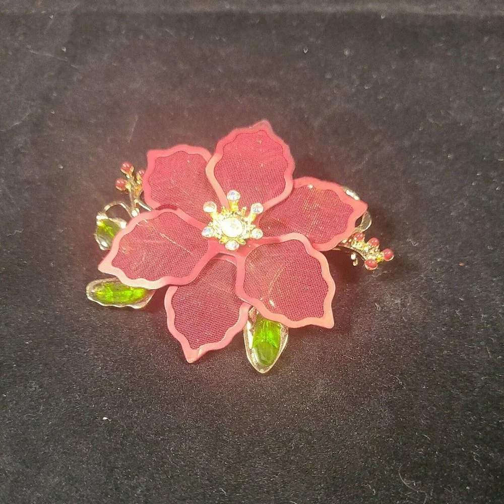 Vintage signed KC‎ Red Mesh Poinsettia Rhinestone Brooch Pin Green & Red Enamel